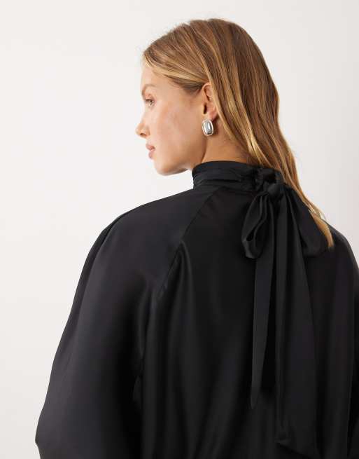 Mango high neck long sleeve mini dress in black, 3 of 4