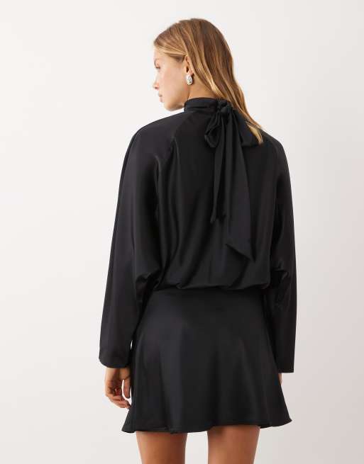 Mango high neck long sleeve mini dress in black, 4 of 4