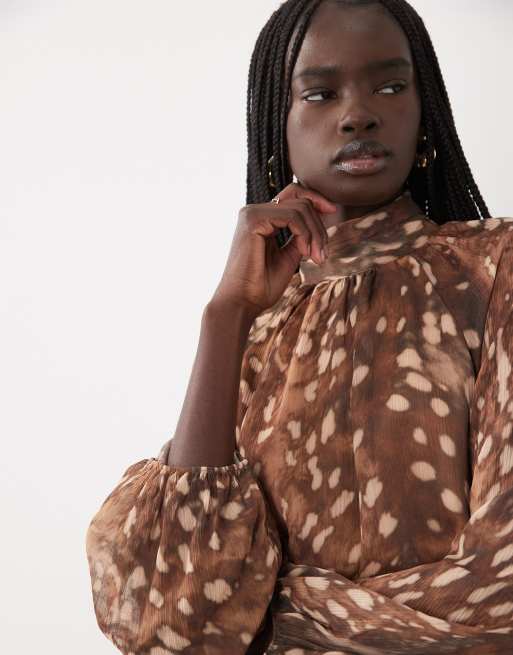 Mango high neck long sleeve mini dress in deer print , 3 of 4