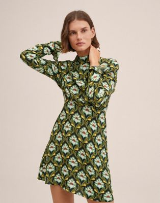 Mango high neck long sleeve mini dress in green retro floral print | ASOS