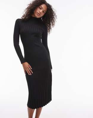 high neck long sleeve ribbed midi dress in black