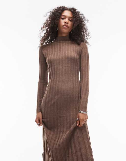 Mango high neck long sleeve ribbed midi dress in brown ASOS