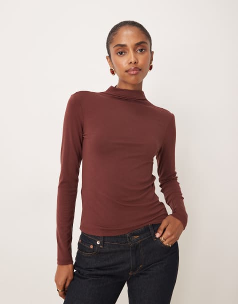 Mango high neck long sleeve t-shirt in burgundy - view 1