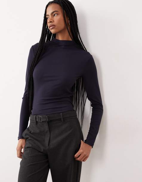 Mango high neck long sleeve t-shirt in navy - view 1