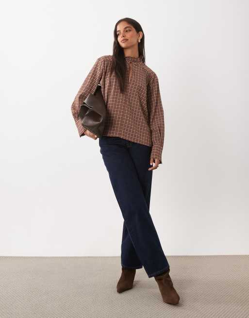Mango high neck long sleeve top in brown check print, 2 of 4