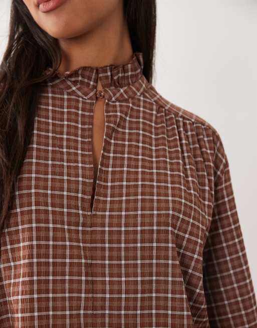 Mango high neck long sleeve top in brown check print, 3 of 4