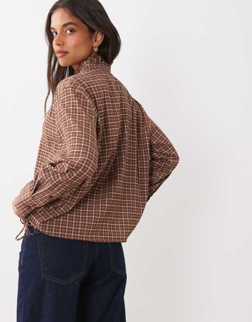 Mango high neck long sleeve top in brown check print, 4 of 4