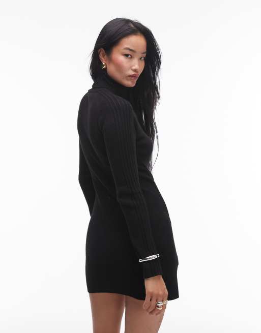 Mango high neck mini knitted dress in black ASOS