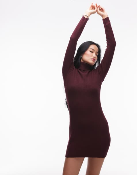 Mango high neck mini knitted dress in dark red - view 1