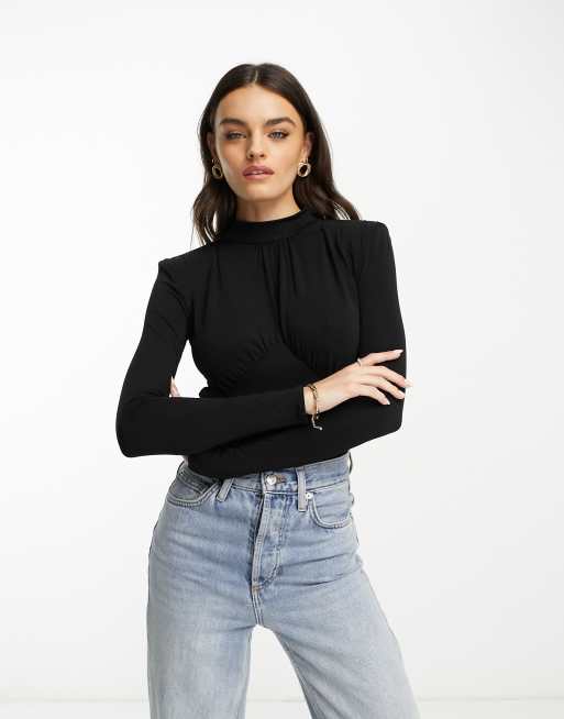 Mango high neck padded shoulder bodysuit in black | ASOS