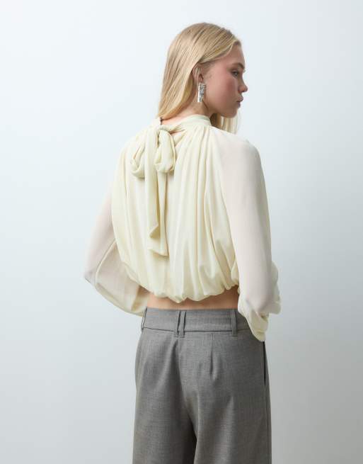 Mango high neck puff sleeve blouse in off white, 4 of 4