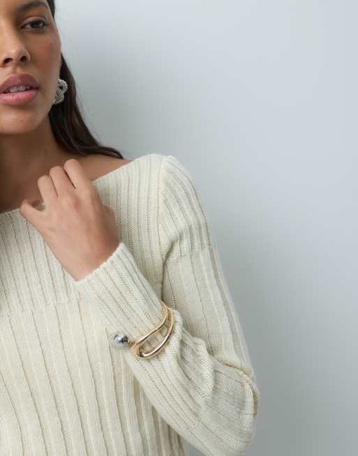 Mango high neck ribbed jumper in ecru, 3 of 4