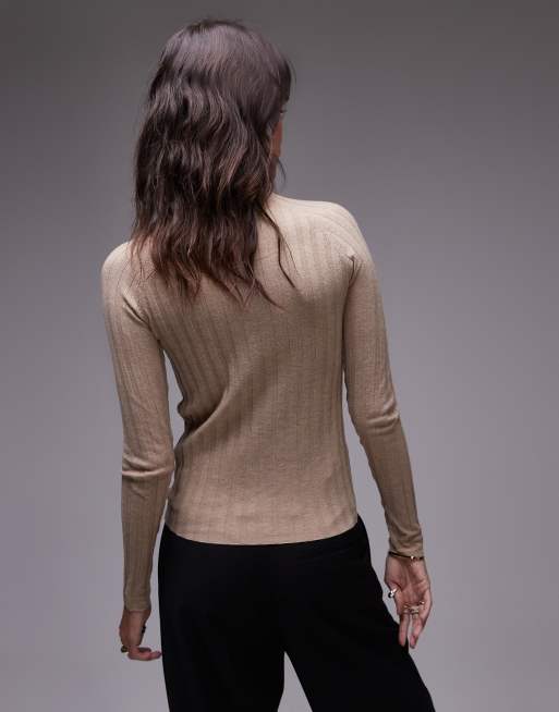 Mango high neck ribbed knitted top in beige, 3 of 4