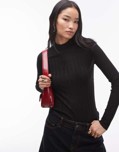 Mango high neck ribbed knitted top in black - view 1