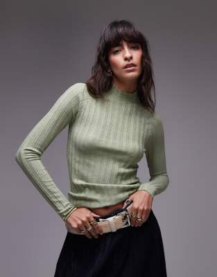 Mango Mango high neck ribbed knitted top in sage-Green