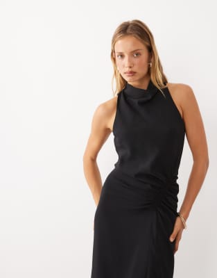Mango High Neck Ruched Sleeveless Midi Dress In Black