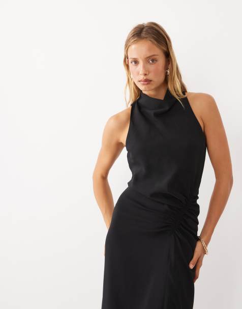 Mango high neck ruched sleeveless midi dress in black