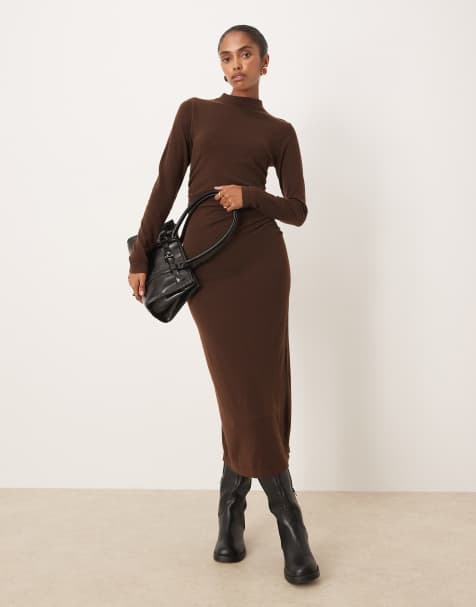 Mango high neck ruched waist maxi dress in brown