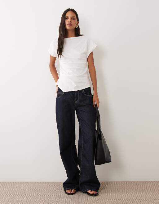 Mango high neck ruched waist t-shirt in white, 2 of 4