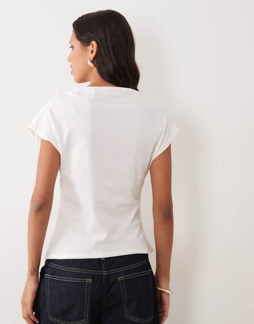 Mango high neck ruched waist t-shirt in white, 3 of 4