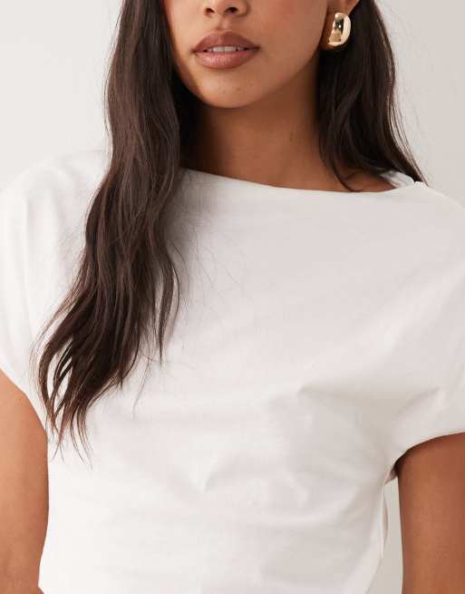 Mango high neck ruched waist t-shirt in white, 4 of 4