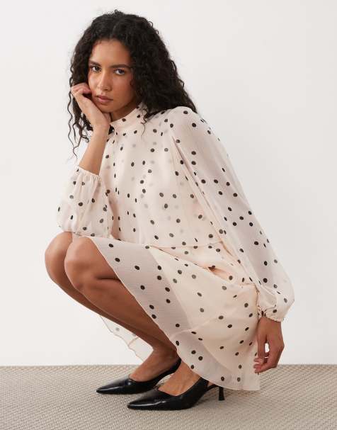 Mango high neck ruffle long sleeve mini dress in polka dot print - view 1