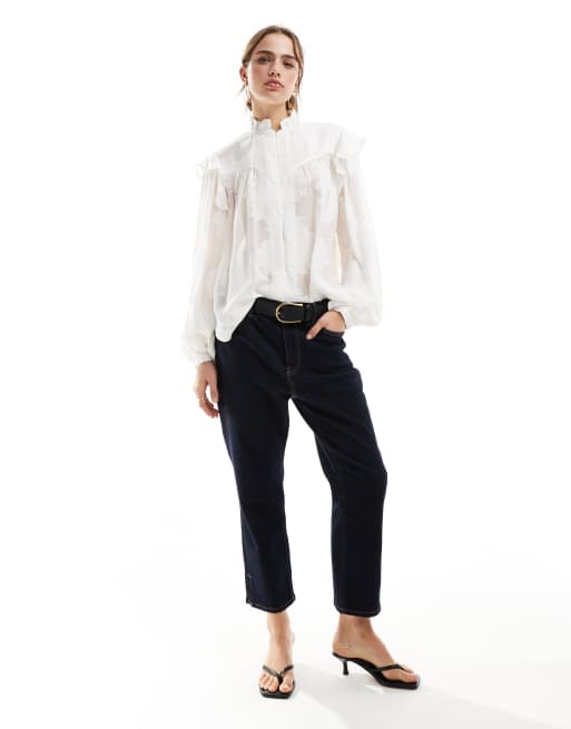 Mango high neck ruffle shoulder blouse in off white | ASOS