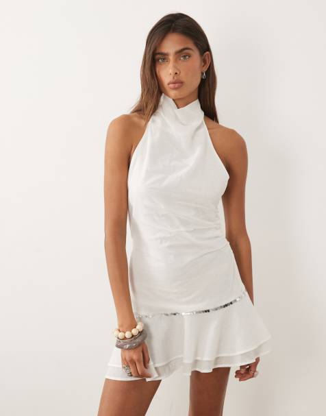 Mango high neck ruffle trim embellished beach dress in white - view 1
