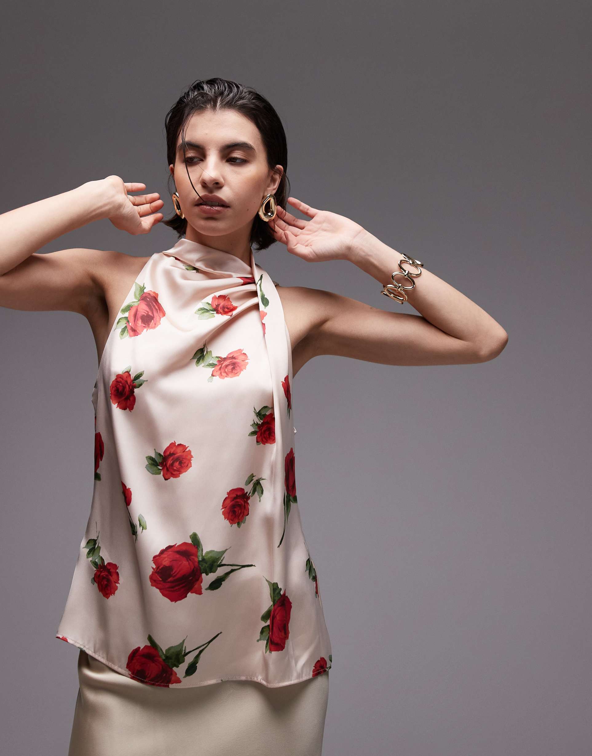 mango high neck satin rose print top in white