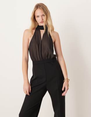 Mango High Neck Sheer Detail Jumpsuit In Black