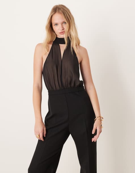 Mango high neck sheer detail jumpsuit in black - view 1