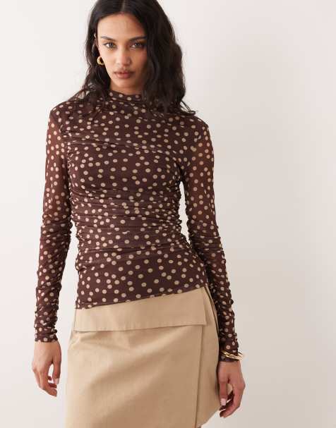 Mango high neck sheer long sleeve top in brown and cream polka dot - view 1