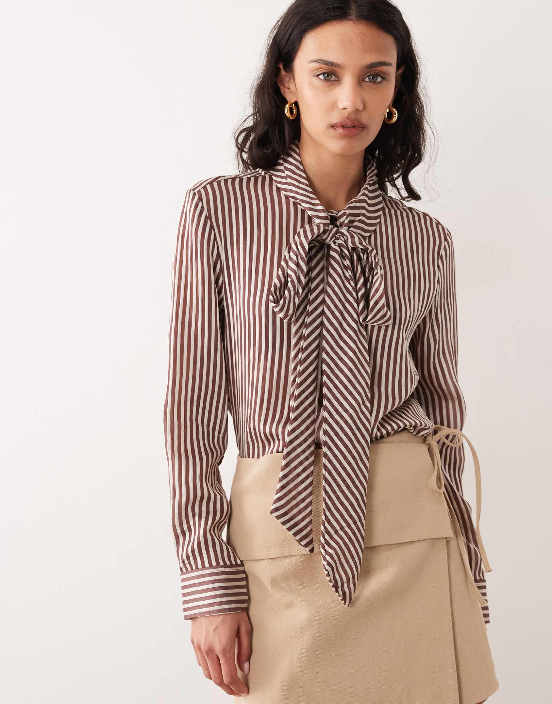 mango high neck shirt with tie detail in brown stripe