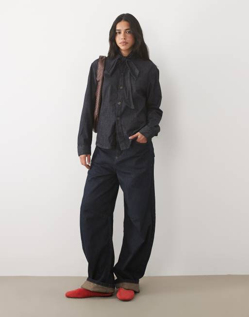 Mango high neck shirt with tie neck detail in indigo, 2 of 4