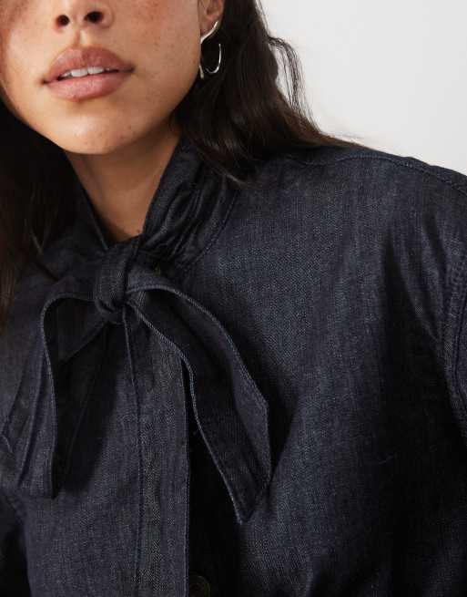 Mango high neck shirt with tie neck detail in indigo, 3 of 4