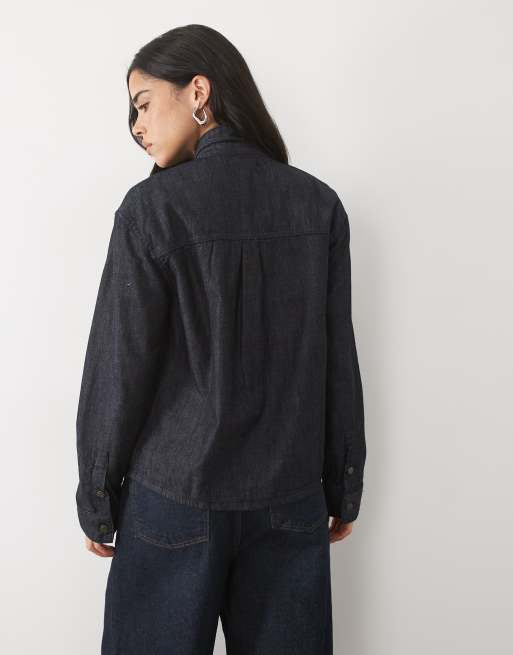 Mango high neck shirt with tie neck detail in indigo, 4 of 4