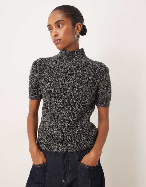 Mango high neck short sleeve knit top in black and white - view 1