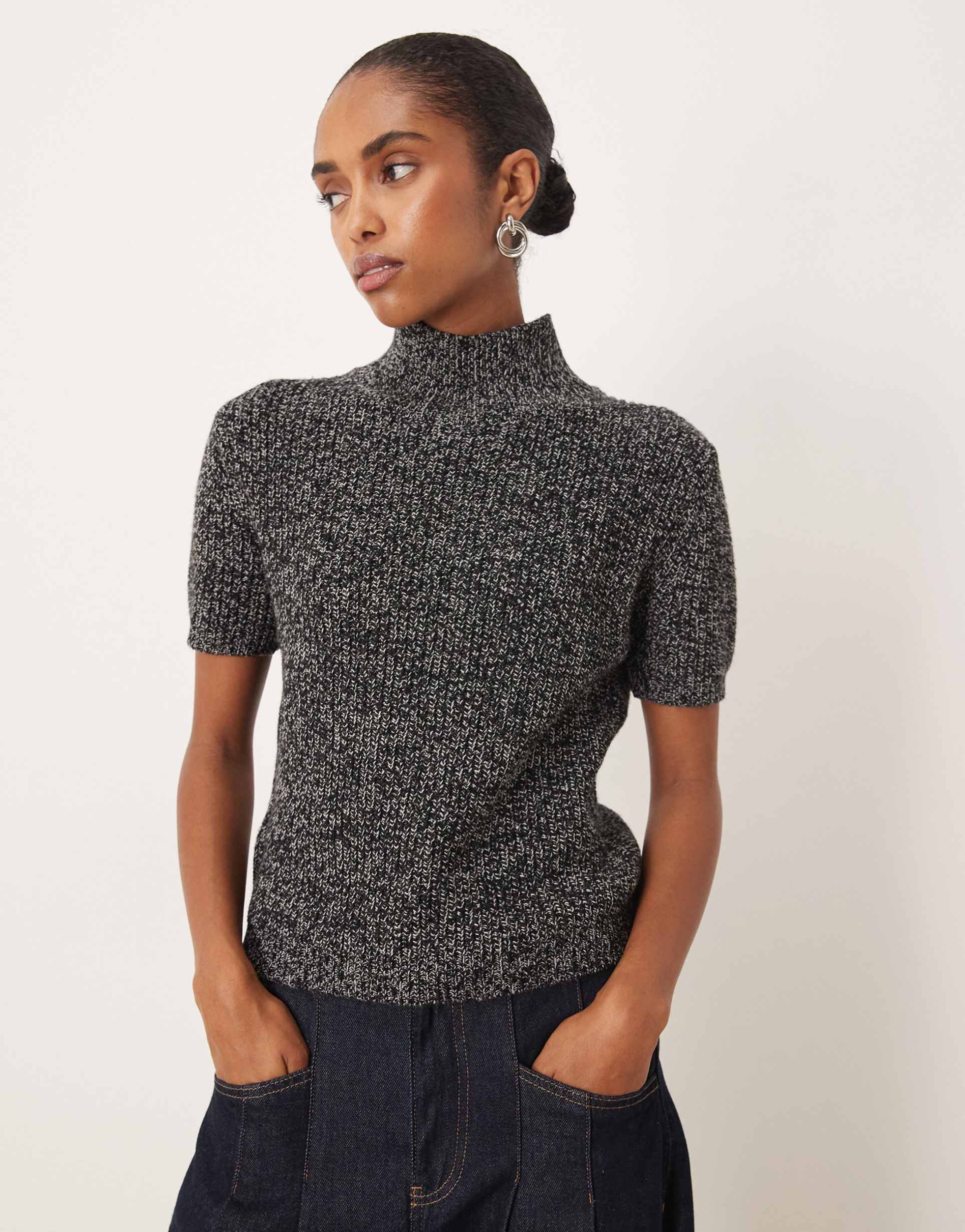 mango high neck short sleeve knit top in black and white