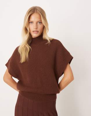Mango High Neck Short Sleeve Knit Top In Brown