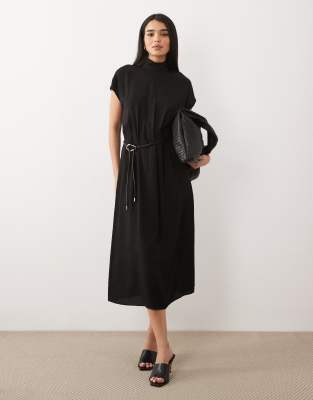 Mango High Neck Sleeveless Belted Midi Dress In Black