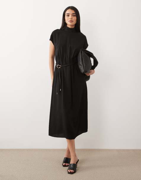 Mango high neck sleeveless belted midi dress in black - view 1