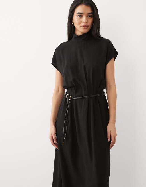 Mango high neck sleeveless belted midi dress in black, 3 of 4