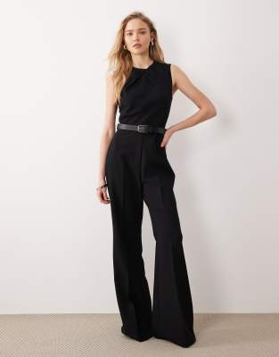 Mango High Neck Sleeveless Jumpsuit With Statement Belt In Black
