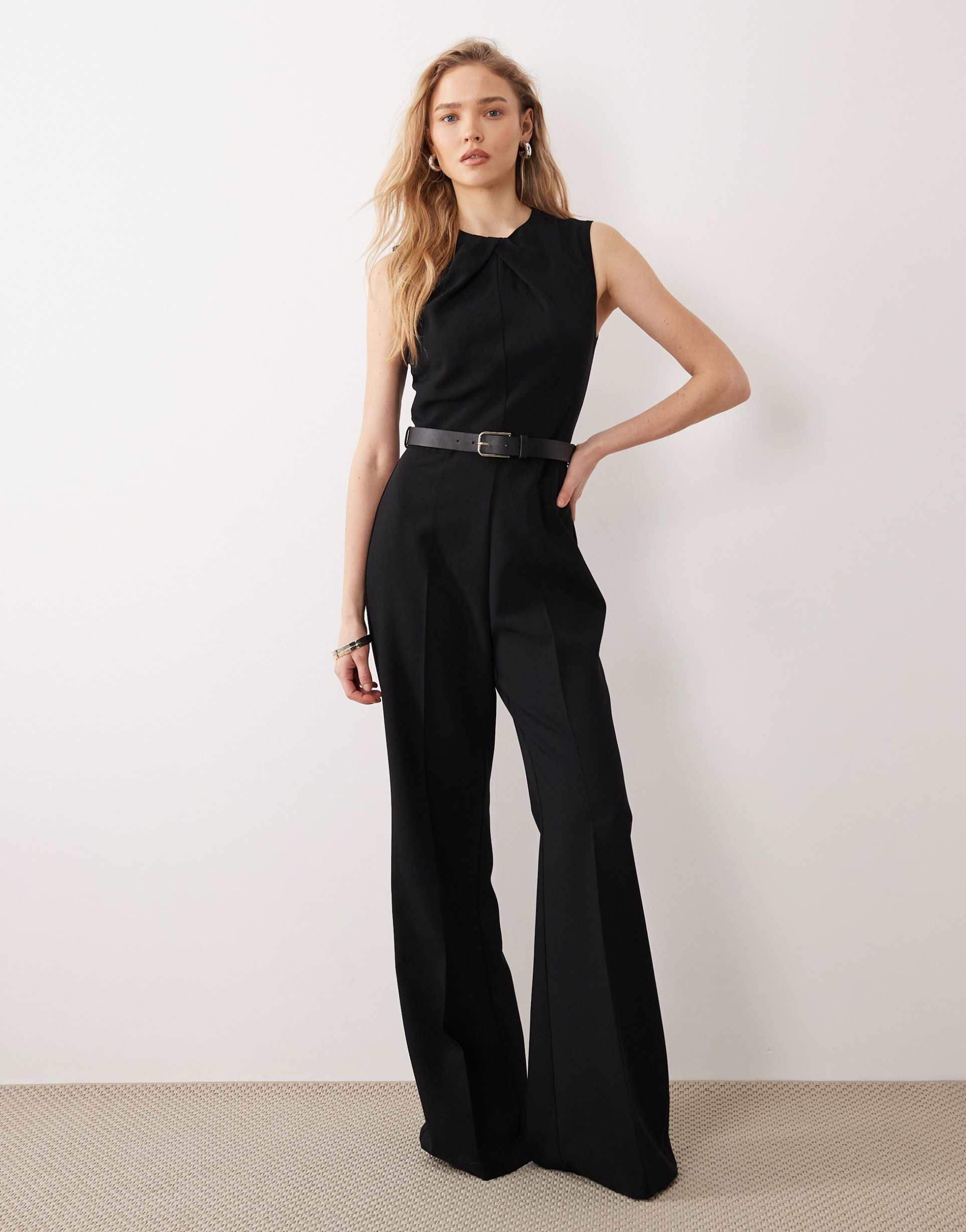 mango high neck sleeveless jumpsuit with statement belt in black