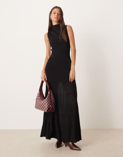Mango high neck sleeveless maxi dress with sheer skirt in black