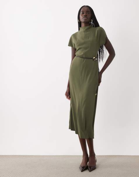 Mango high neck sleeveless midi dress in khaki - view 1