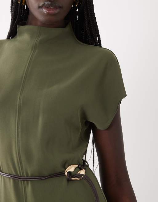 Mango high neck sleeveless midi dress in khaki, 3 of 4