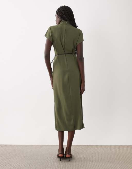Mango high neck sleeveless midi dress in khaki, 4 of 4