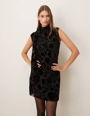 Mango High Neck Sleeveless Mini Dress With Jacquard Floral Detail In Black
