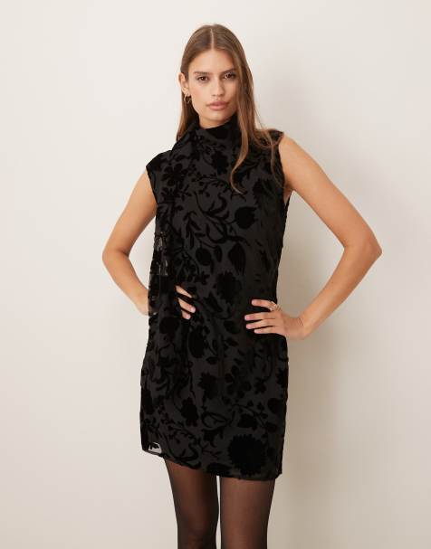 Mango high neck sleeveless mini dress with jacquard floral detail in black - view 1